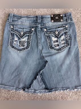 Miss Me Distressed Denim Skirt Size 32 Y2K Rhinestone Embellished